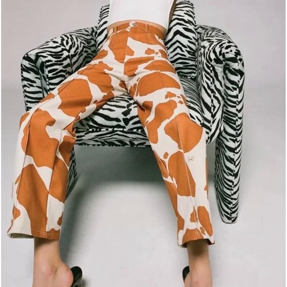 Lisa Says Gah Denim - Lisa Says Gah Robyn Straight Leg Jeans In Brown Cow Print Sz 29 Maximalist Retro